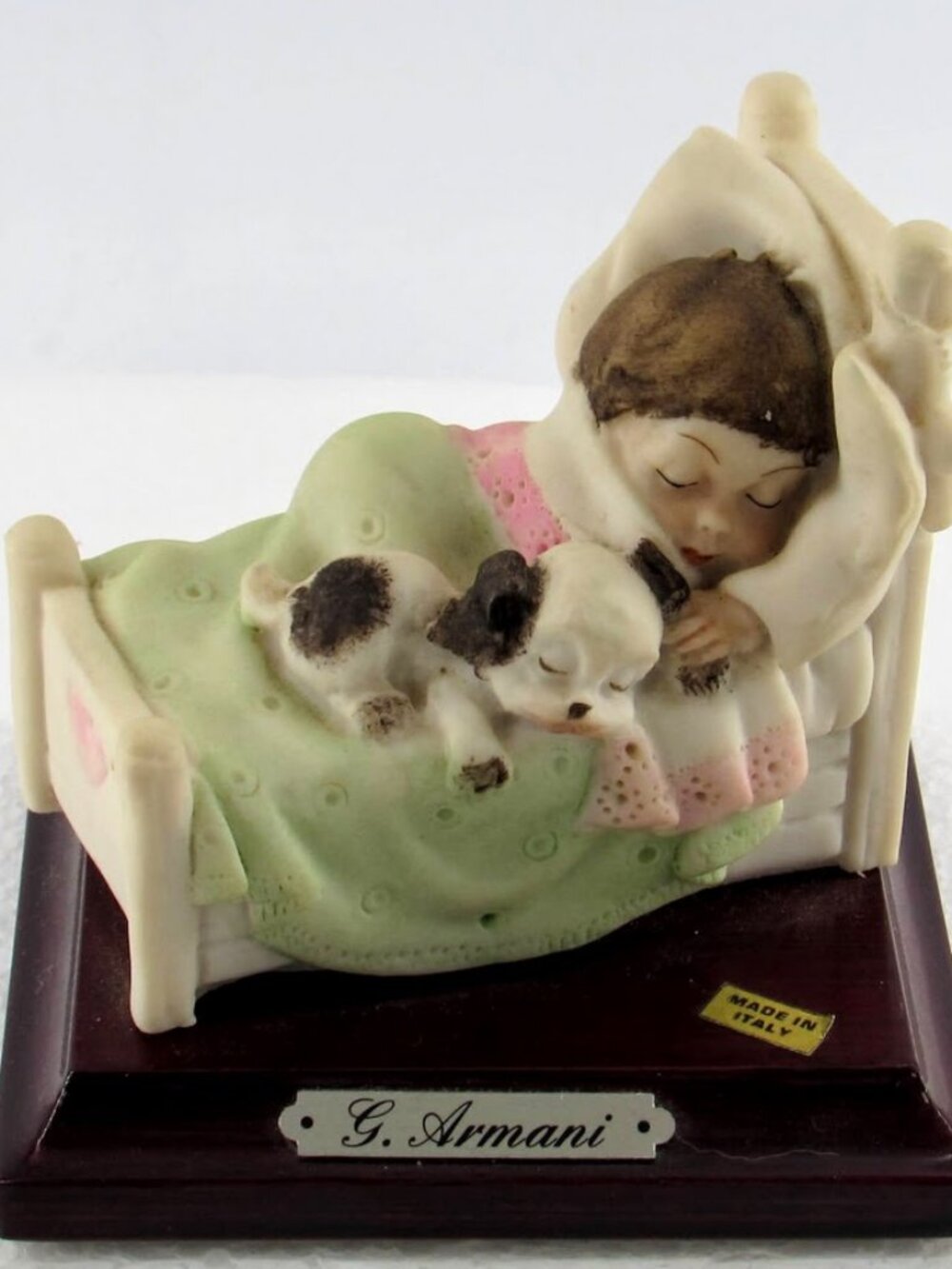 G Armani Little Treasures Boy Sleeping in Bed with Puppy Dog Figurine Italy 1987